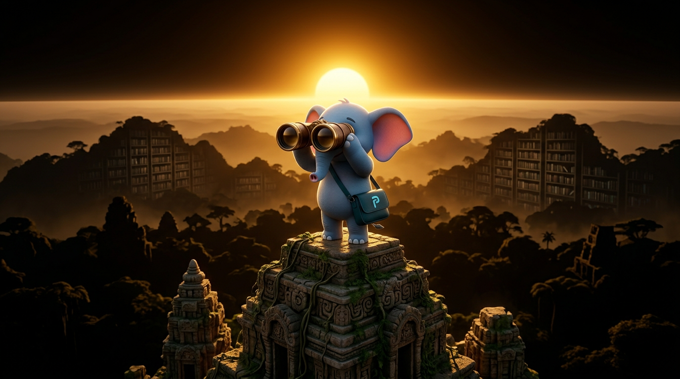 Perpie standing on an ancient temple, scanning the horizon at sunrise